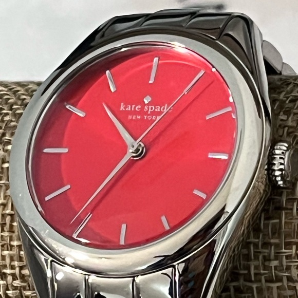 KATE SPADE PRE-LOVED AUTHENTIC SILVER-PLATED ROUND VIBRANT RED DIAL WATCH - Picture 1 of 16